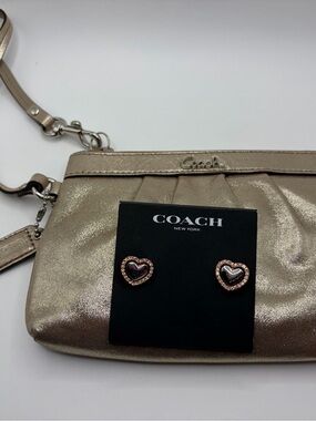 Coach Metallic Gold Wristlet and earrings
